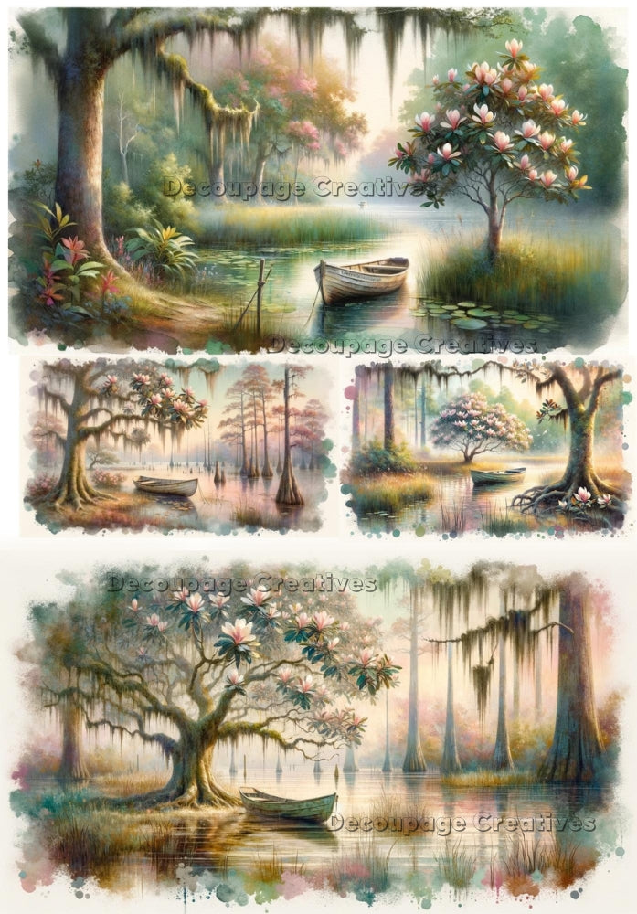 Four images of Southern cypress swamp with boat and magnolia trees. A4 Decoupage Paper for Craft making.