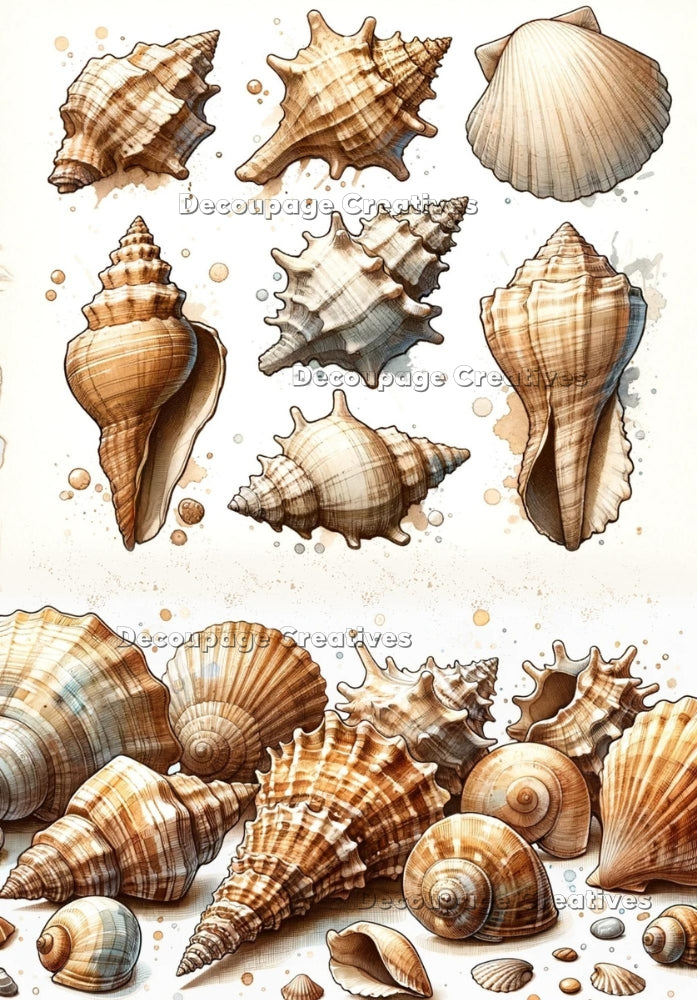Seven large tan seas shells and seashell grouping. A4 Decoupage Paper for Craft making.