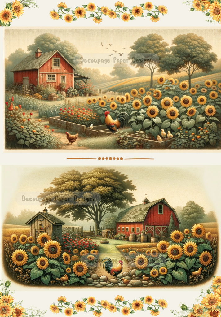 Two images of golden farm with rooster, hen and sunflowers with red barn. A4 Decoupage Paper for Craft making.