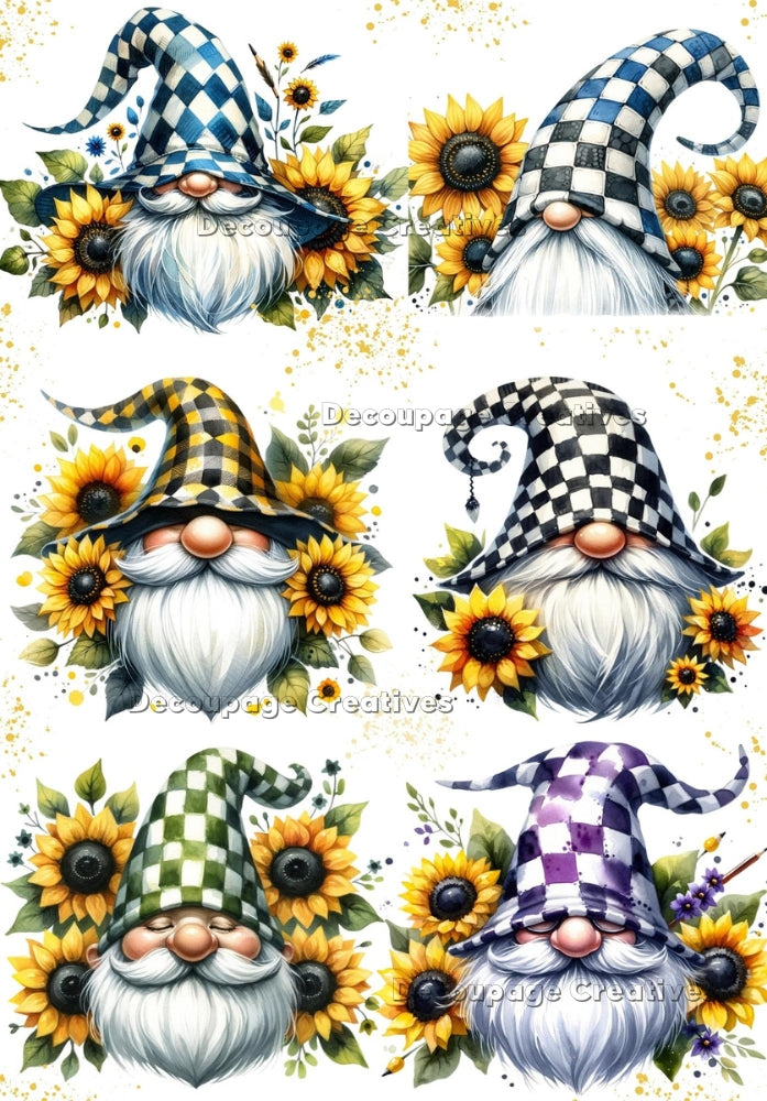 Six images of bearded gnome faces in checkered hats of purple, blue, yellow and black. A4 Decoupage Paper for Craft making.