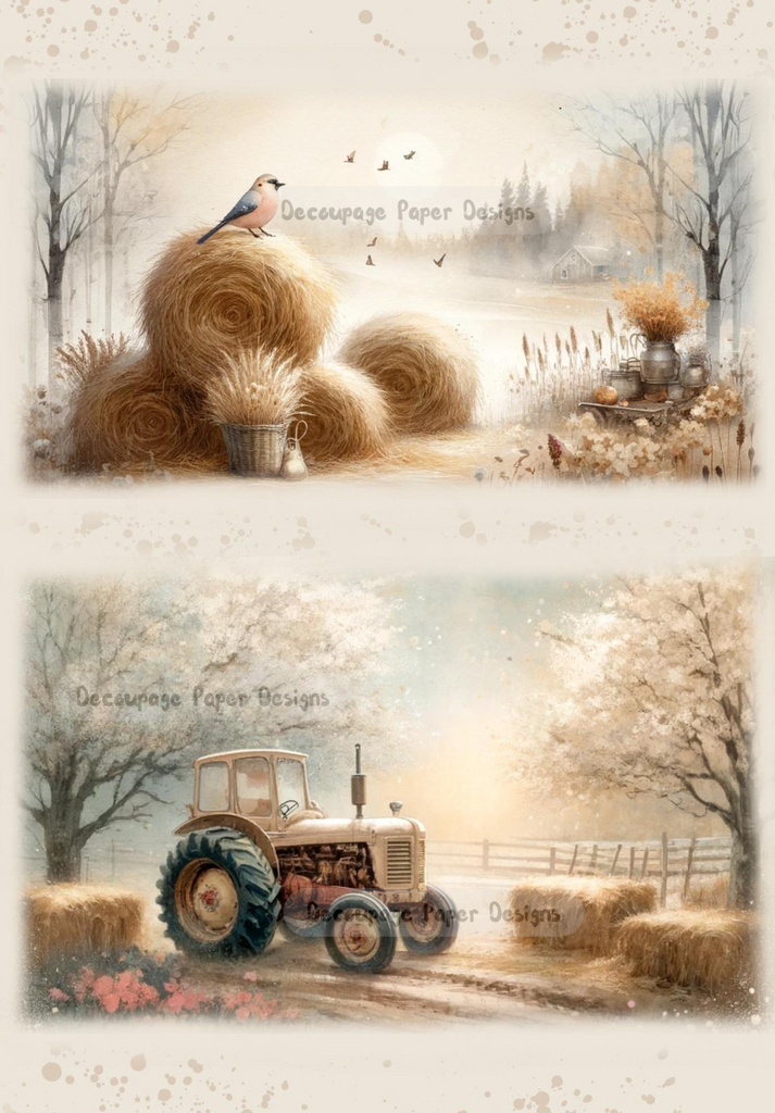 Two images with golden coloring of farm tractor, bird and bails of hay.