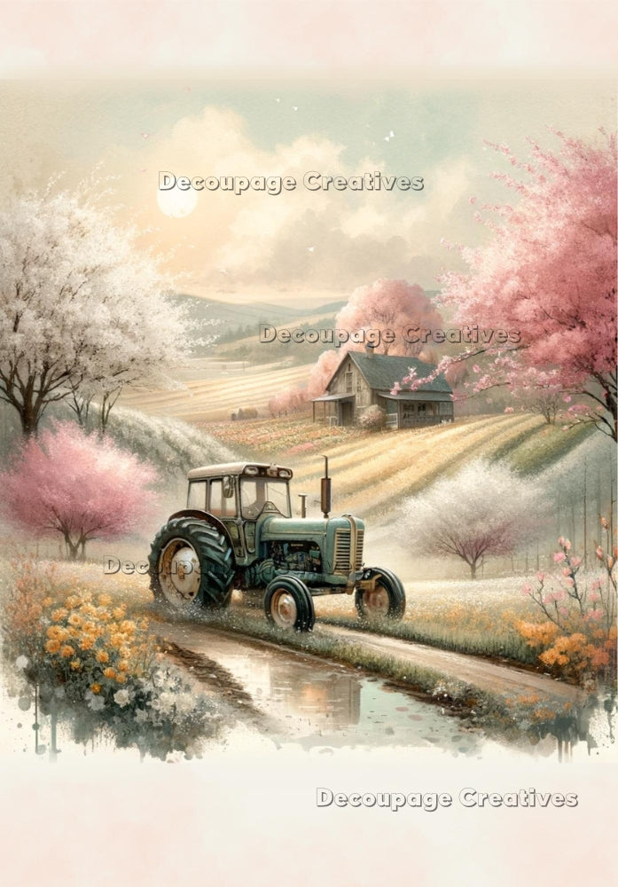 Soft image of green farm tractor on muddy road with flowery fields and house. A4 Decoupage Paper for Craft making.