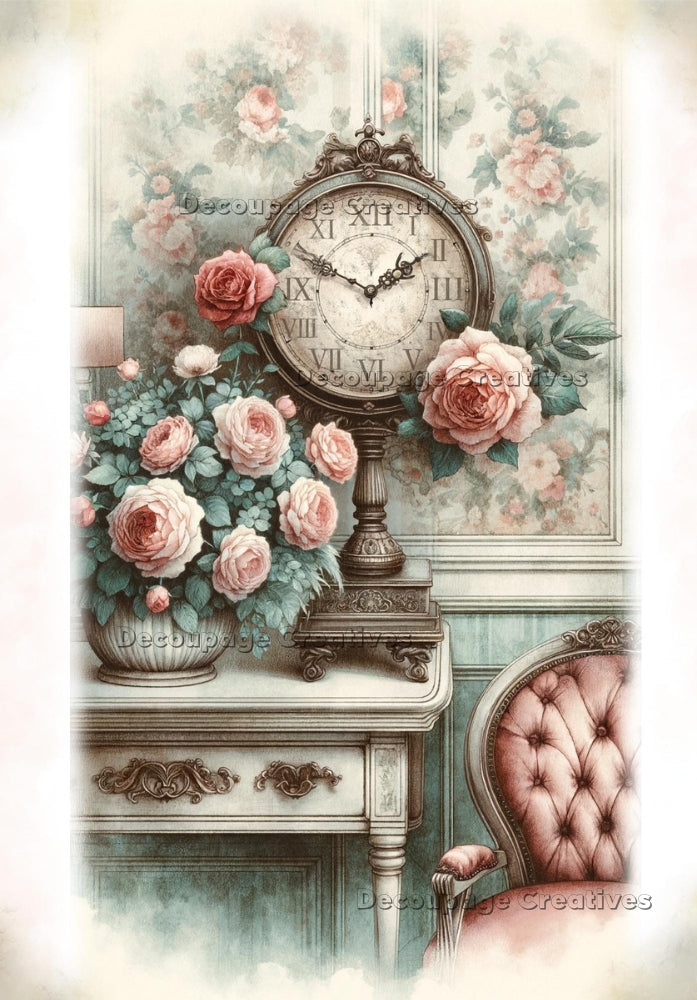 Vintage parlour with desk, chair, clock and flowers. A4 Decoupage Paper for Craft making.