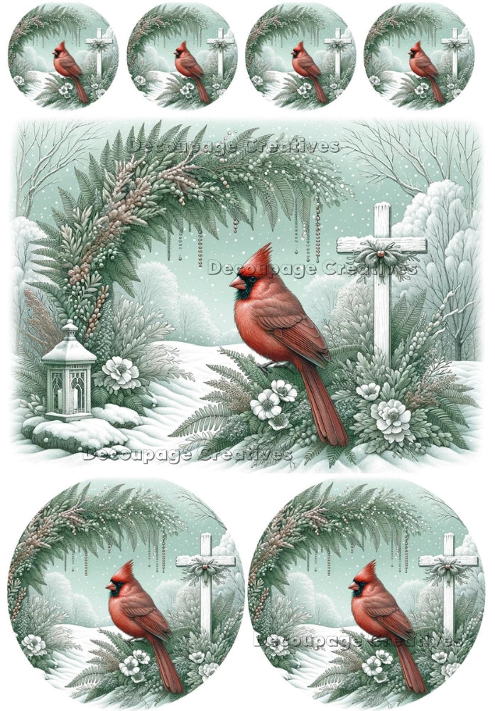 Seven images of a cardinal near cross and lantern in snow with mint green background. A4 Decoupage Paper for Craft making.
