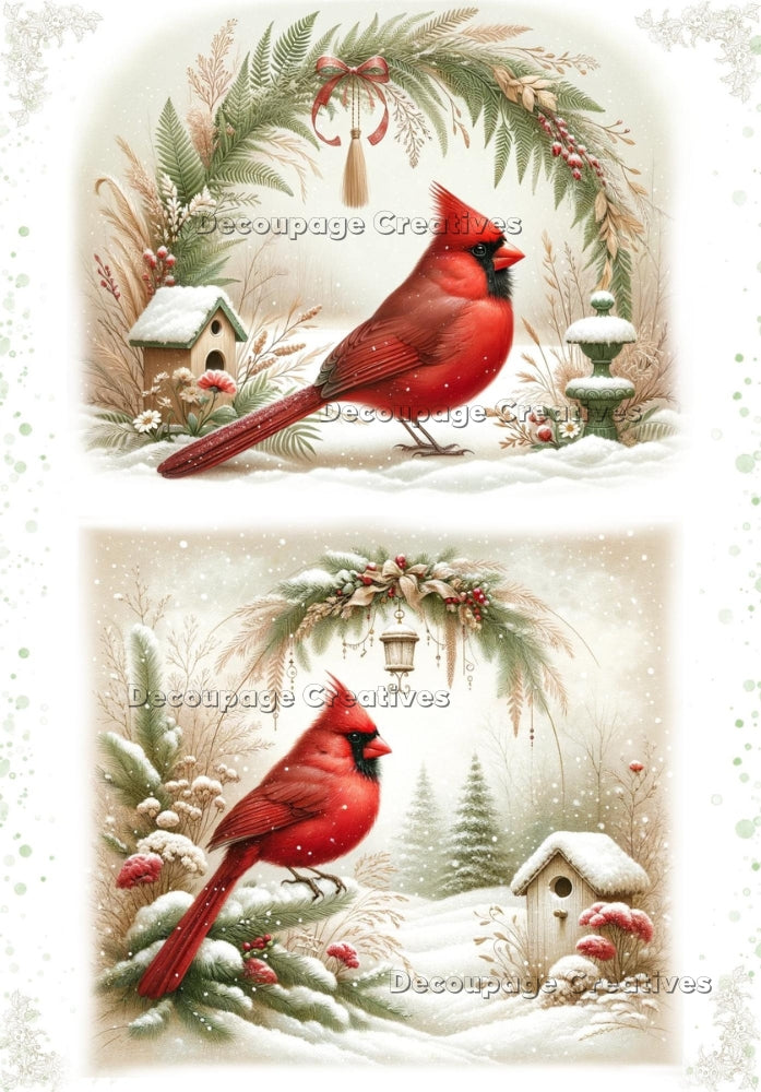 Two images of cardinal under half wreath in snow, near birdhouse. A4 Decoupage Paper for Craft making.
