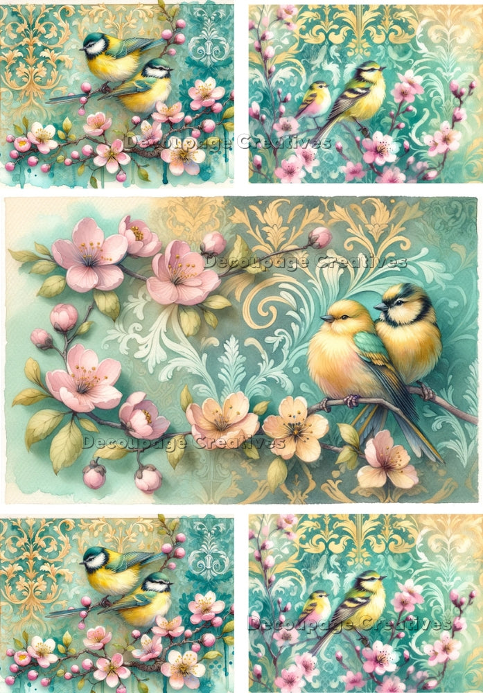 Five images of yellow birds with colorful flowers and green paisley style wallpaper. A4 Decoupage Paper for Craft making.