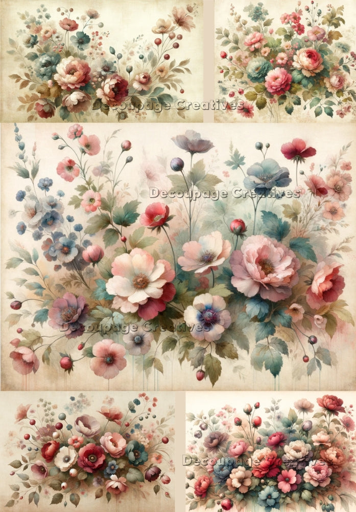 Five images of vintage pink and blue flowers. A4 Decoupage Paper for Craft making.