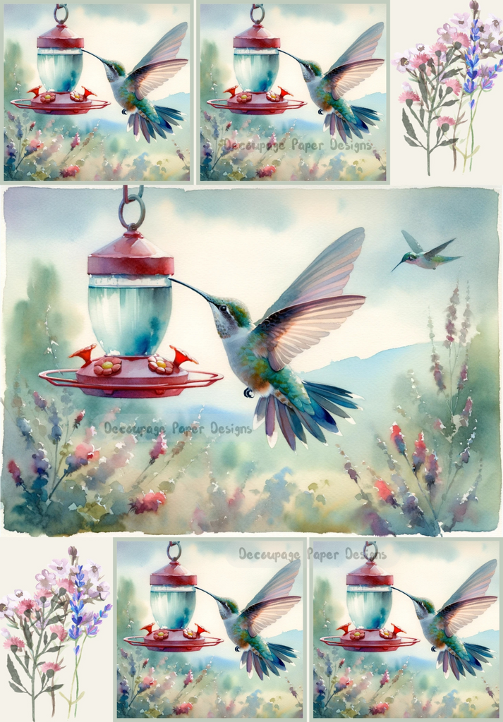 Five images of hummingbird at feeder iwth pink and blue wildflowers. A4 Decoupage Paper for Craft making.