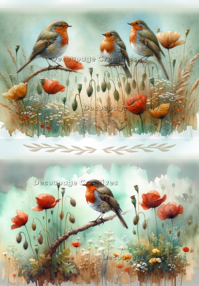 Two images of Robins in poppy field. A4 Decoupage Paper for Craft making.