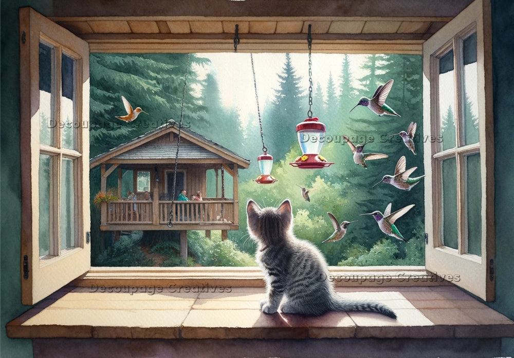 Cat in window watching hummingbirds at feeder. Cabin in backround. A4 Decoupage Paper for Craft making.