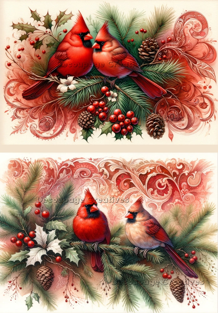 Two cardinals in winter greenery and pine cones. A4 Decoupage Paper for Craft making.