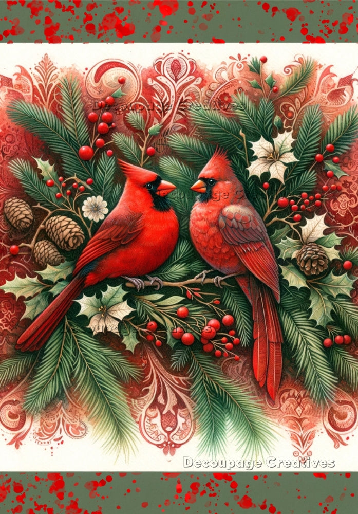 Two cardinals in winter greenery and pine cones. A4 Decoupage Paper for Craft making.