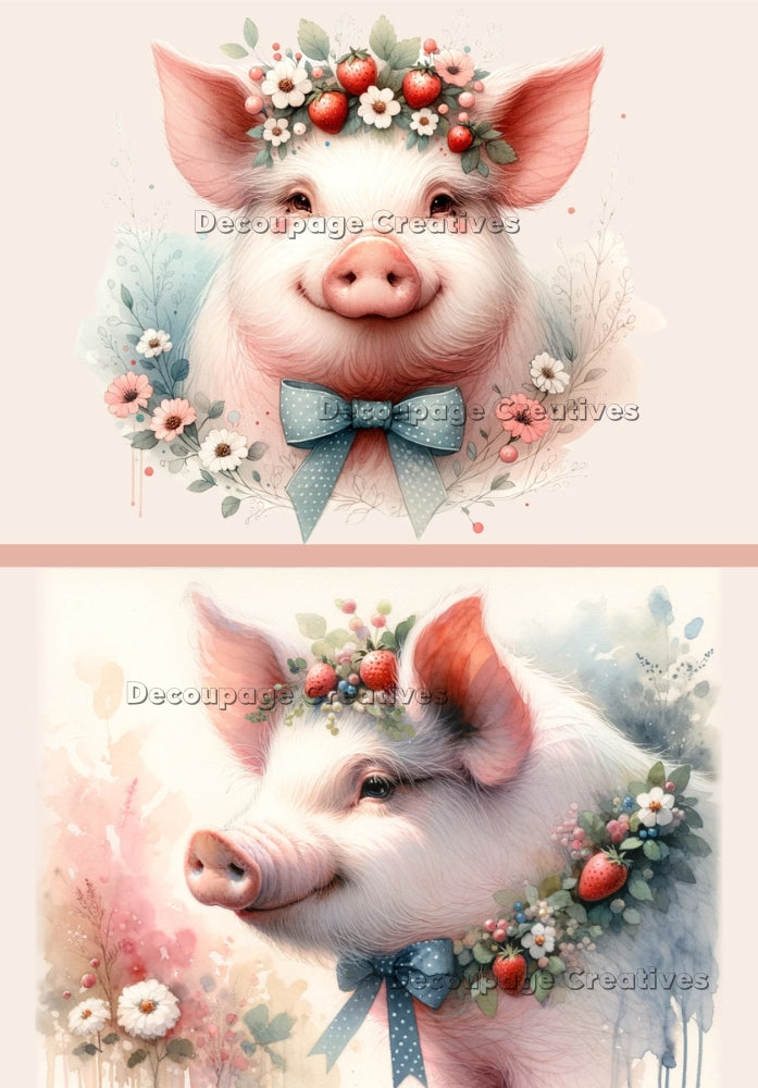 Two images of pink pig with blue bow and strawberry and flowers on head and around neck. A4 Decoupage Paper for Craft making.