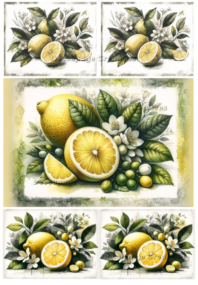 Five images of lemons and lemon blossoms. A4 Decoupage Paper for Craft making.