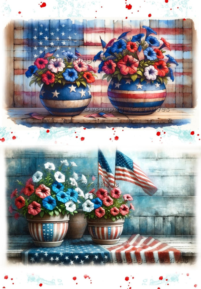 Two images of flower pots, flags and petunias in red white and blue theme. A4 Decoupage Paper for Craft making.