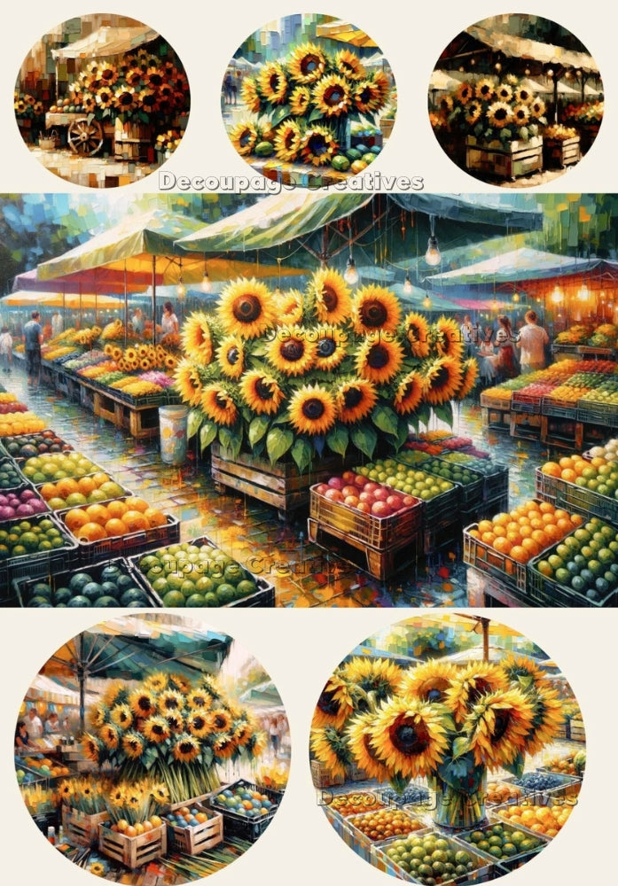 Six images of Sunflowers being sold at market. A4 Decoupage Paper for Craft making.
