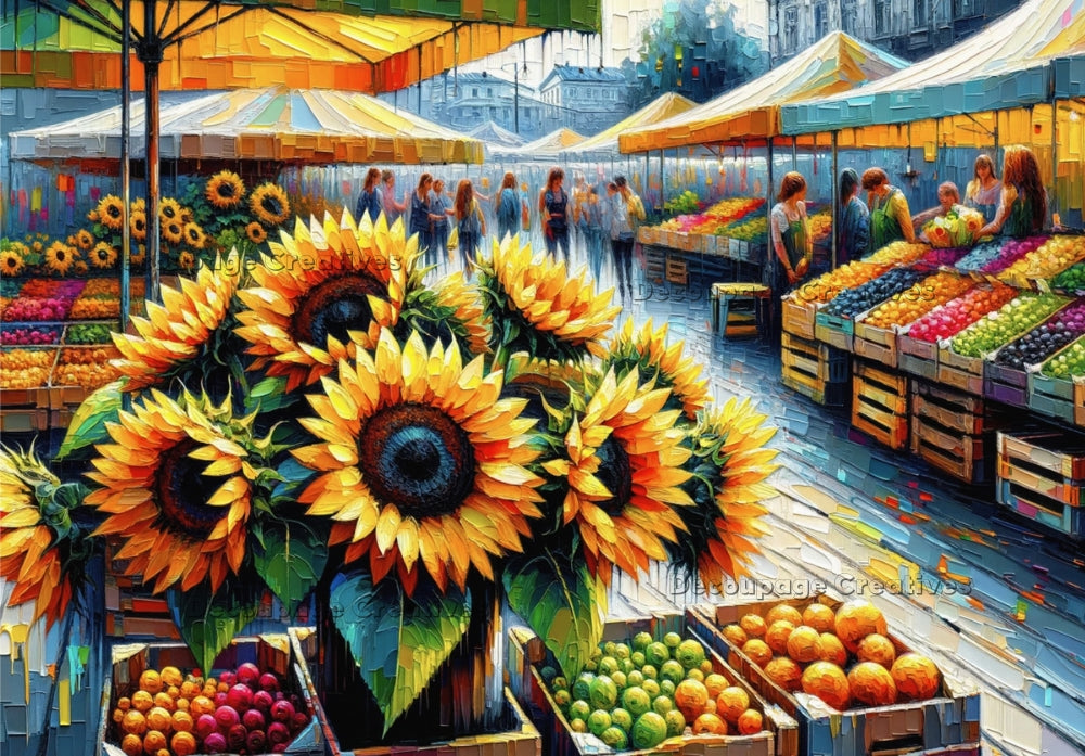 Large bunch of sunflowers in center of a fruit market with people shopping. A4 Decoupage Paper for Craft making.