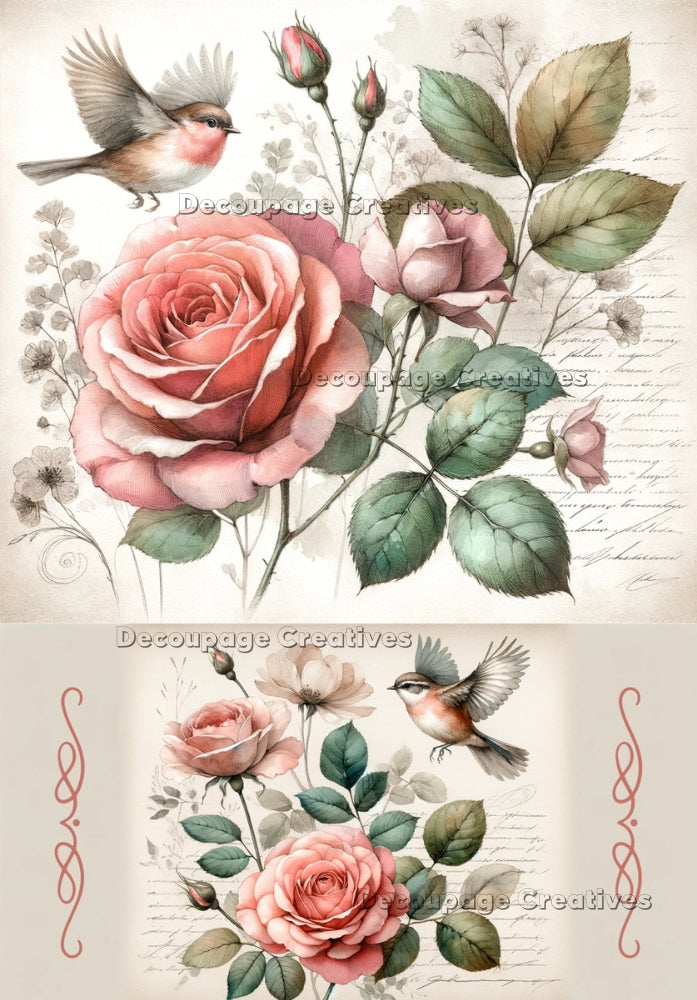 Two images of pink rose, leaves and birds. Script background. A4 Decoupage Paper for Craft making.