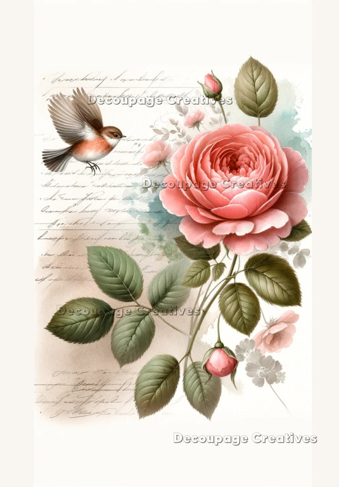 Vintage script background with bird and pink rose in foreground. A4 Decoupage Paper for Craft making.