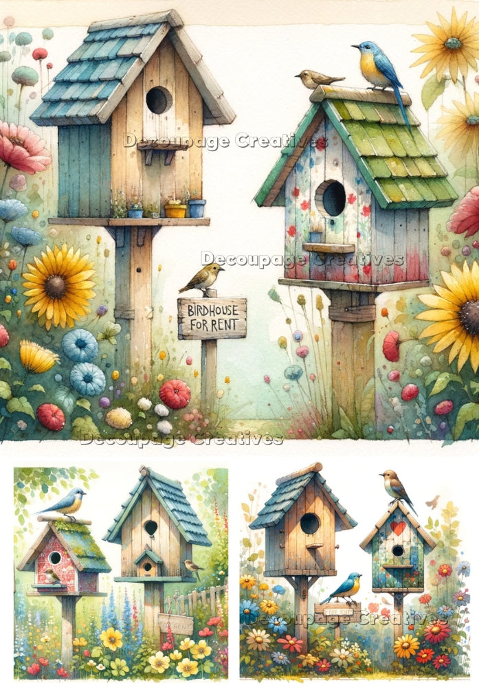 Three images of birdhouses and birds with For Rent signs. A4 Decoupage Paper for Craft making.