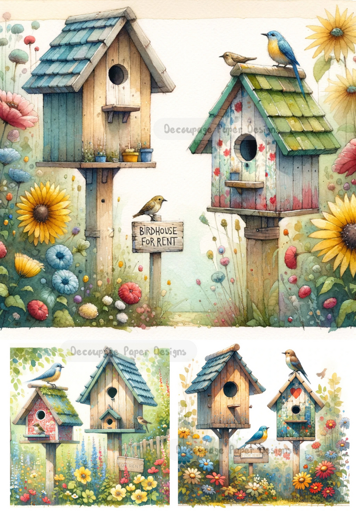 Four images of birdhouses and birds with For Rent signs. A4 Decoupage Paper for Craft making.