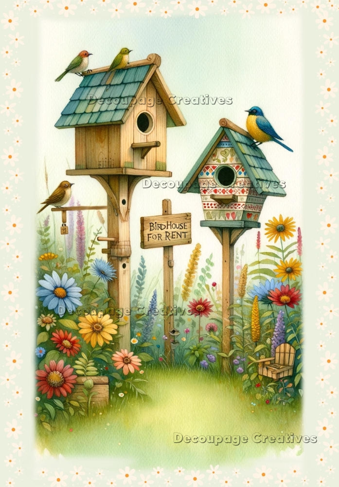 Two tall birdhouses, birds and flowers with Birdhouse for Rent sign. A4 Decoupage Paper for Craft making.
