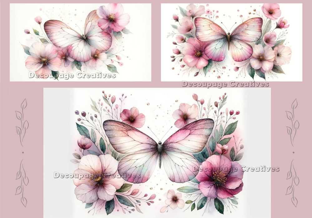 Three images of pink and white butterflies and flowers. A4 Decoupage Paper for Craft making.