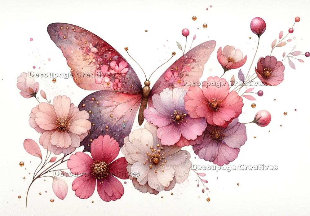 Burgundy and pink butterfly with flowers with bronze jewels. A4 Decoupage Paper for Craft making.
