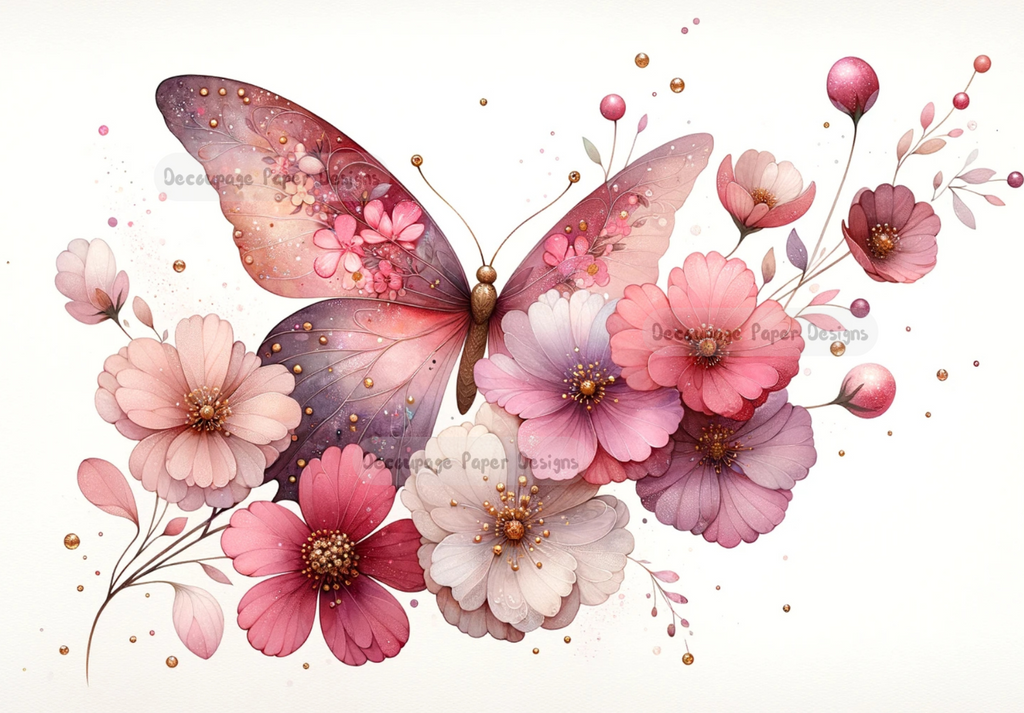 Burgundy and pink butterfly with flowers with bronze jewels. A4 Decoupage Paper for Craft making.