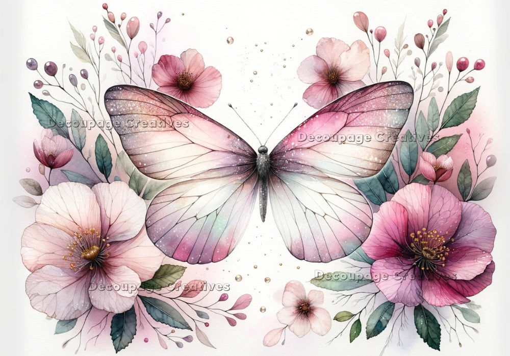 Large pink and white butterfly with flowers that sparkle. A4 Decoupage Paper for Craft making.