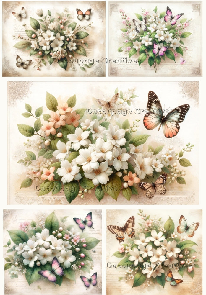 Five images of peach, pink and white flowers and butterflies. A4 Decoupage Paper for Craft making.