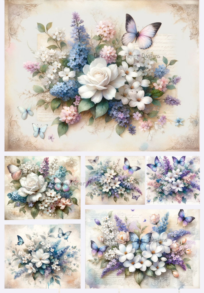 Six images of blue, white and purple butterflies and flowers. A4 Decoupage Paper for Craft making.