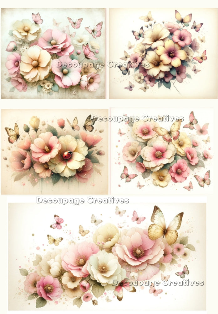 Five images of pink and cream colored flowers with tan butterflies. A4 Decoupage Paper for Craft making.