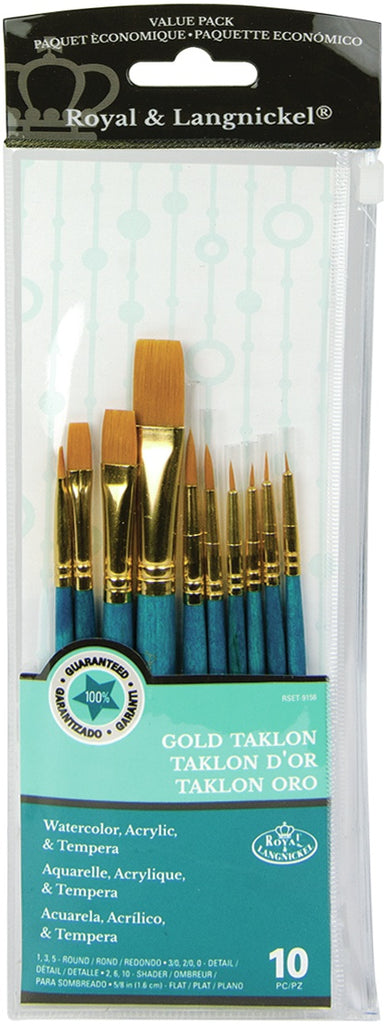 oyal & Langnickel® Gold Taklon Brush Set. This versatile pack includes 10 brushes with blue handles, perfect for acrylics, watercolors, and temperas.