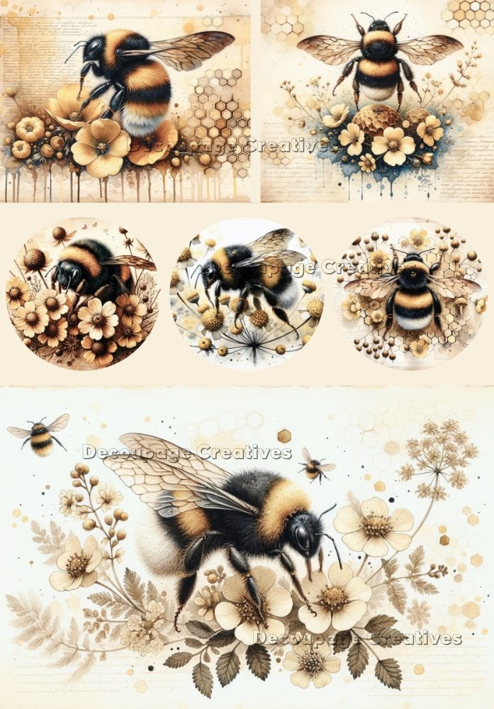 Six images of a bee on yellow flowers. Vintage sepia coloring. A4 Decoupage Paper for Craft making.