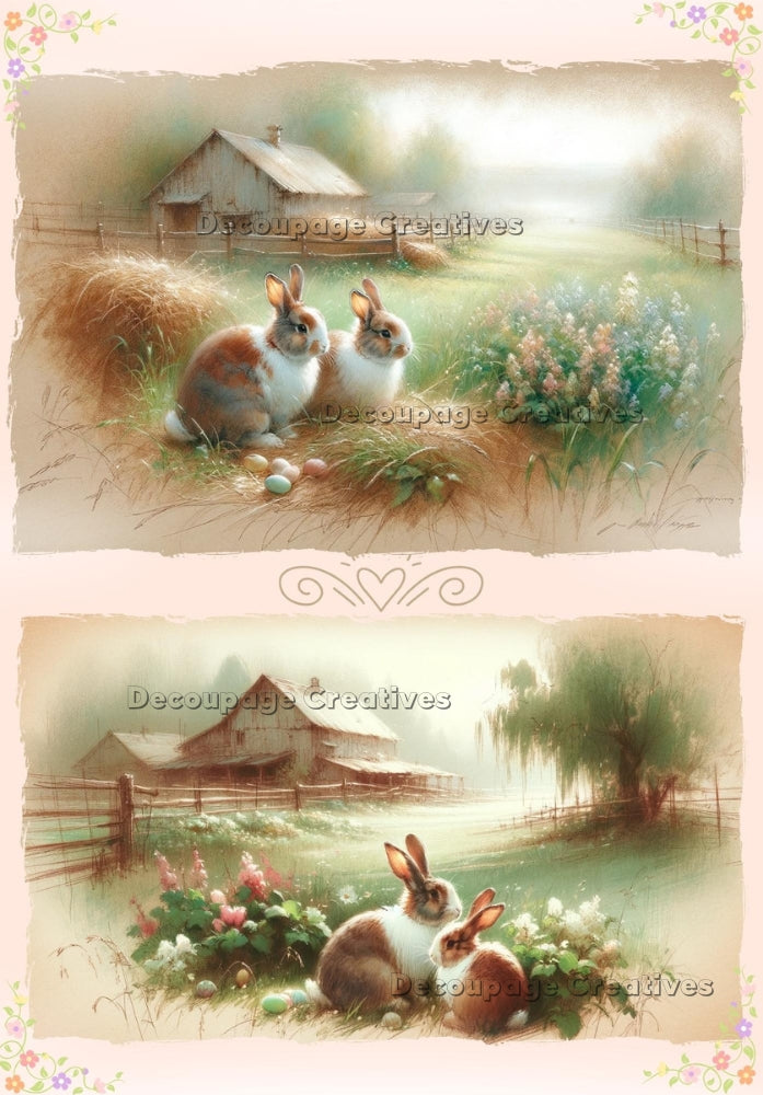 Two images of two bunnies in wild flowers with eggs nearby and barn in background. A4 Decoupage Paper for Craft making.