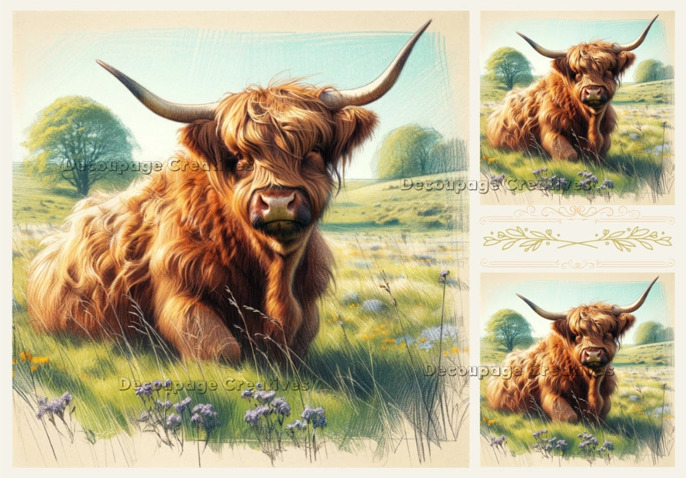 Three images of large brown highland cow resting in field. A4 Decoupage Paper for Craft making.
