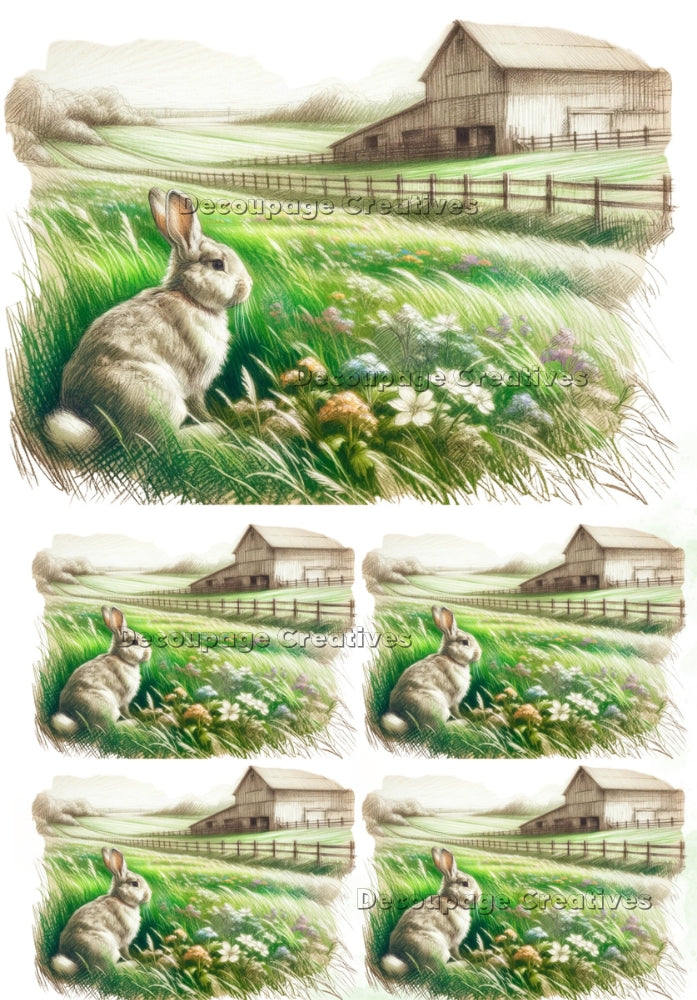Five images of rabbit in wildflower field with barn in background. A4 Decoupage Paper for Craft making.