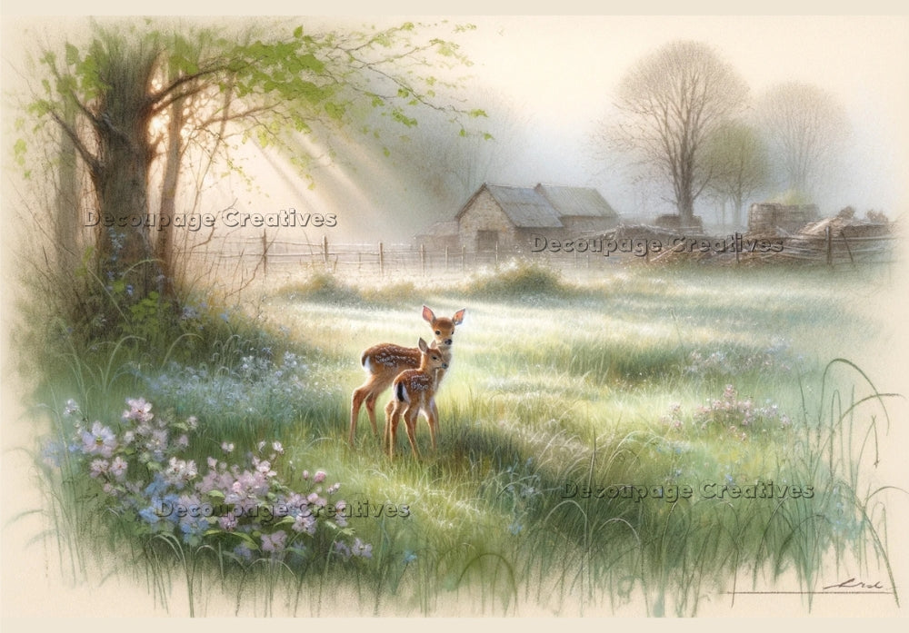 2 Fawn in wildflower field with house in background. A4 Decoupage Paper for Craft making.
