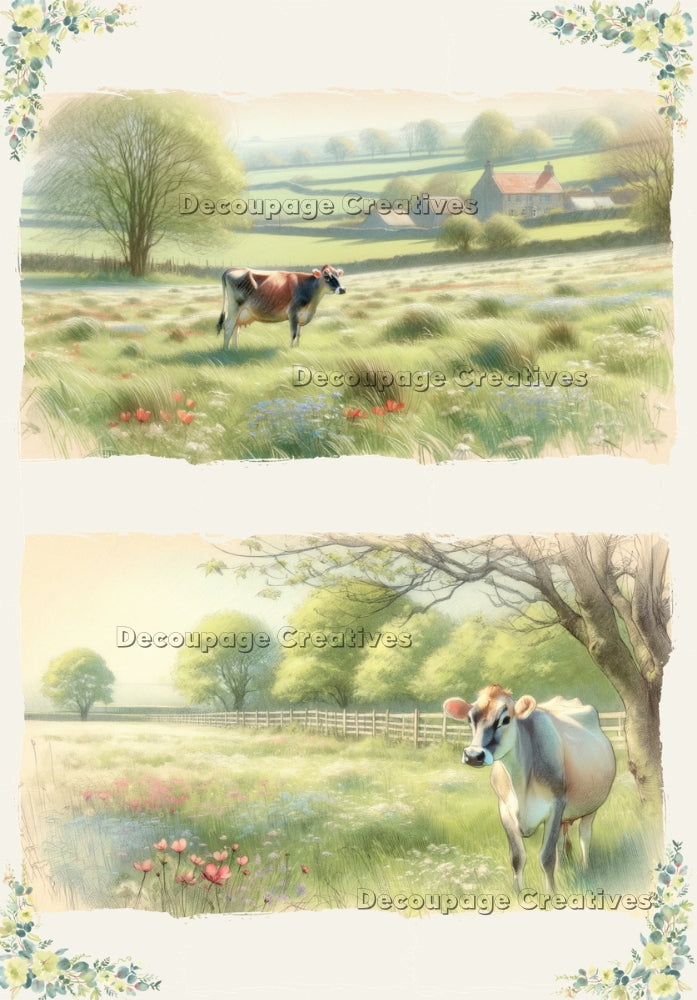 Two images of morning field with a cow. A4 Decoupage Paper for Craft making.