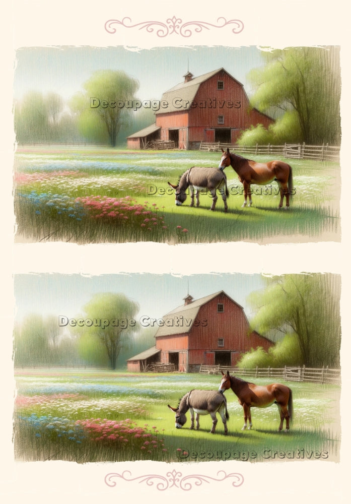 Two images of horse and donkey in field with red barn. A4 Decoupage Paper for Craft making.
