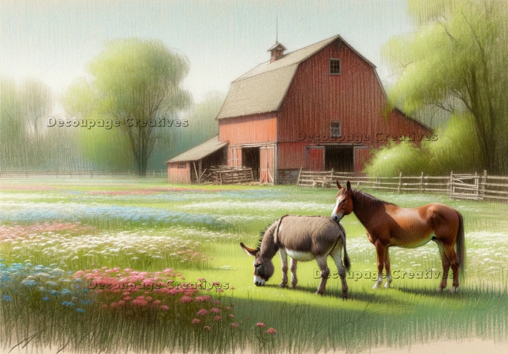 Horse and donkey in field with red barn. A4 Decoupage Paper for Craft making.
