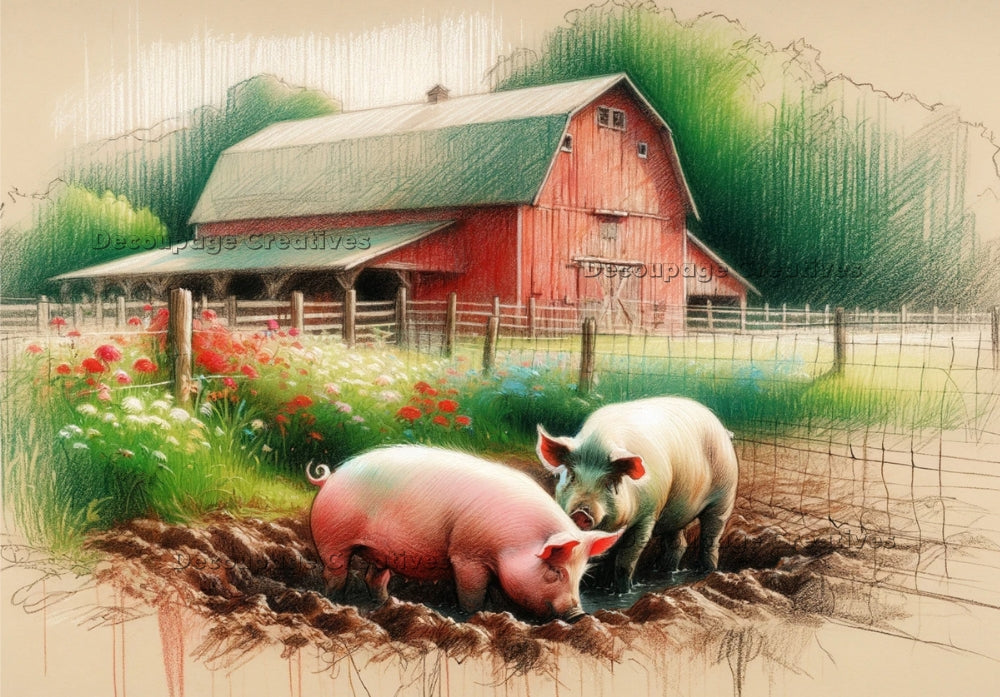 Two pigs in mud puddle with red barn in background. A4 Decoupage Paper for Craft making.