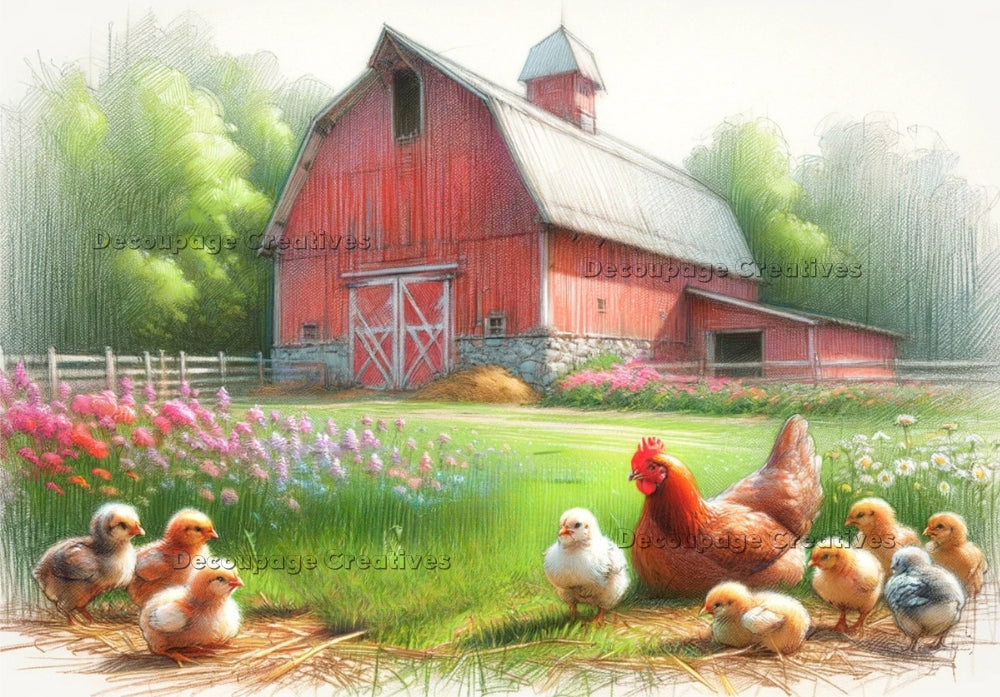 Rooster and baby chicks in flower field with red barn. A4 Decoupage Paper for Craft making.