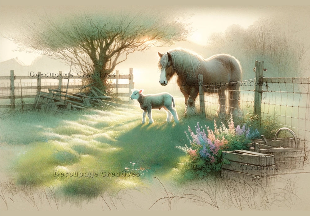 Clydesdale horse and lamb in country field with flowers and fence. A4 Decoupage Paper for Craft making.