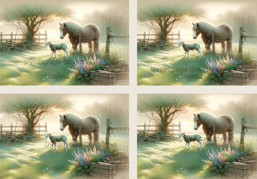 4 images of horse and lamb in field. A4 Decoupage Paper for Craft making.