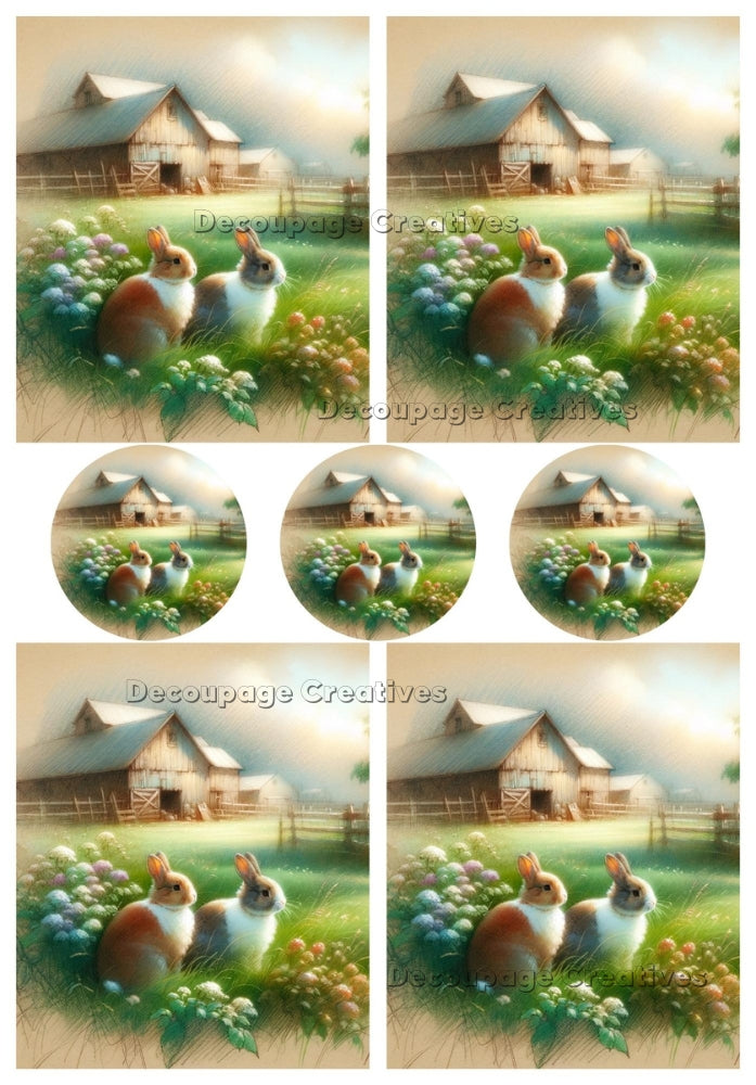 Multiple photos of two bunnies in grass and flowers with barn in background. A4 Decoupage Paper for Craft making.