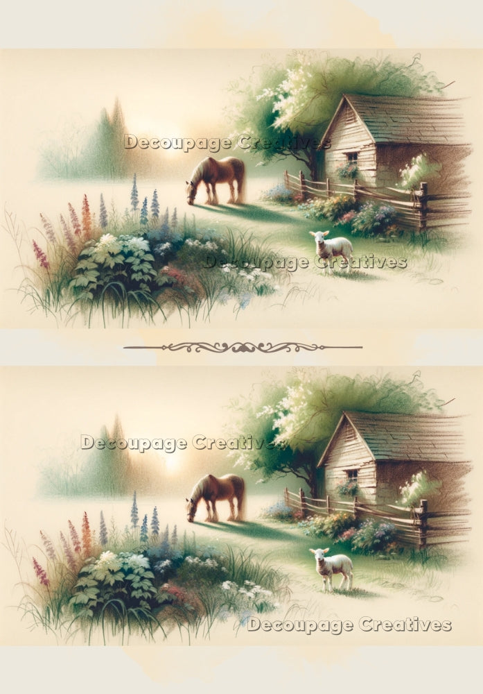 Horse and lamb near barn in the morning. A4 Decoupage Paper for Craft making.