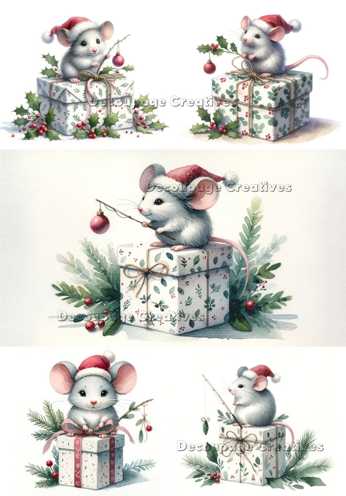 A mouse in Santa hat on top of present with greenery. A4 Decoupage Paper for Craft making.
