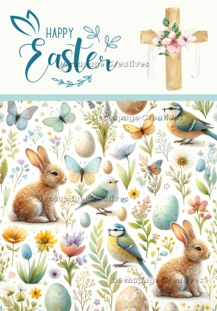 Collage of Easter elements like bunny, butterfly, bird, egg, flowers and cross. A4 Decoupage Paper for Craft making.